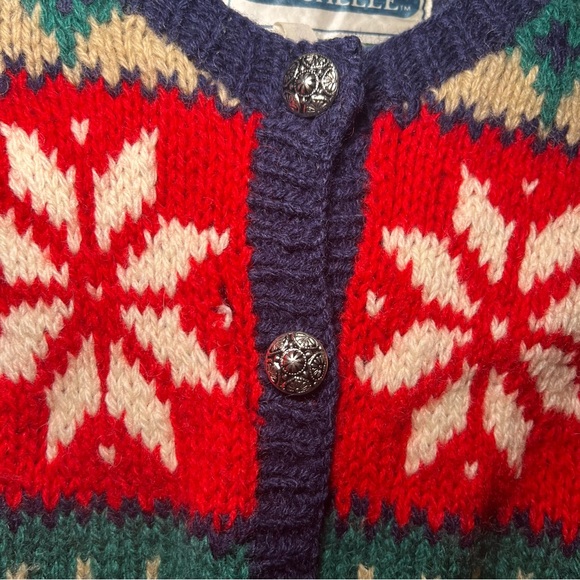 Vintage 90s Seychelle Blue Red Fair Isle Nordic Heavy Wool Hand Knit Cardigan M - Picture 3 of 12